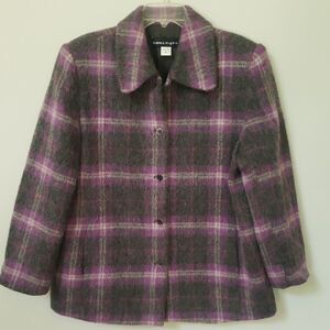 Bianca Nygard Coat Womens 16 Mohair Wool Blend Jacket Purple and Gray Plaid Warm